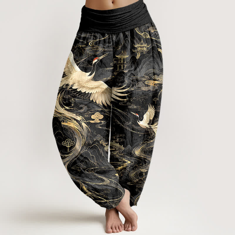 Buddha Stones Pantalones harem de algodón con estampado de grullas voladoras y olas para mujer, con cintura elástica. - Negro - US16，UK/AU20，EU48 (3XL) - image 5