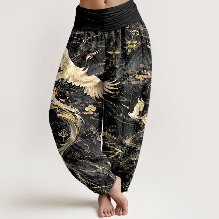 Buddha Stones Pantalones harem de algodón con estampado de grullas voladoras y olas para mujer, con cintura elástica. - Negro - US16，UK/AU20，EU48 (3XL) - image 5