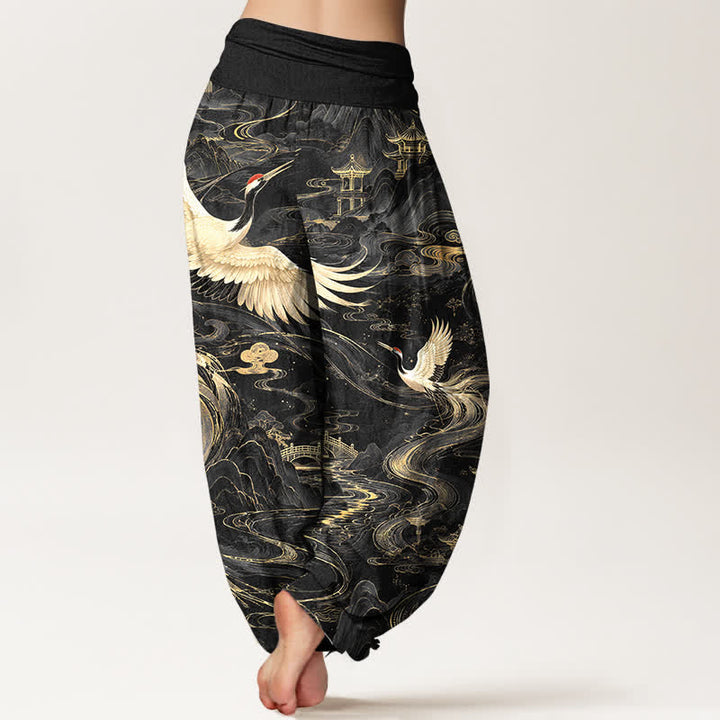 Buddha Stones Pantalones harem de algodón con estampado de grullas voladoras y olas para mujer, con cintura elástica. - image 7