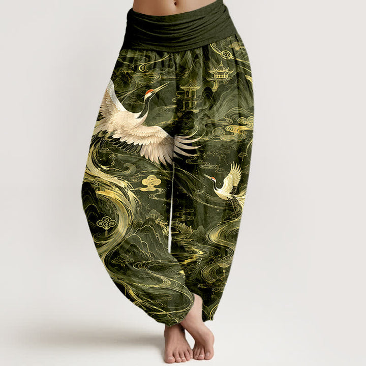 Buddha Stones Pantalones harem de algodón con estampado de grullas voladoras y olas para mujer, con cintura elástica. - Verde oliva oscuro - US16，UK/AU20，EU48 (3XL) - image 8