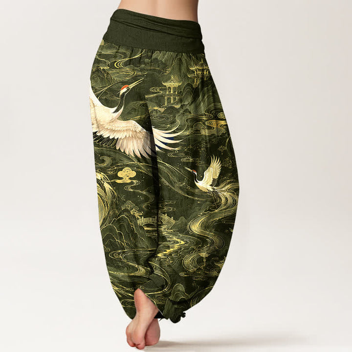 Buddha Stones Pantalones harem de algodón con estampado de grullas voladoras y olas para mujer, con cintura elástica. - image 10