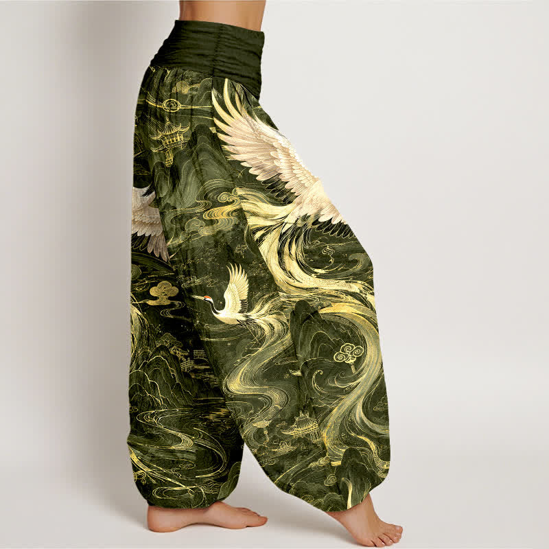 Buddha Stones Pantalones harem de algodón con estampado de grullas voladoras y olas para mujer, con cintura elástica. - image 9