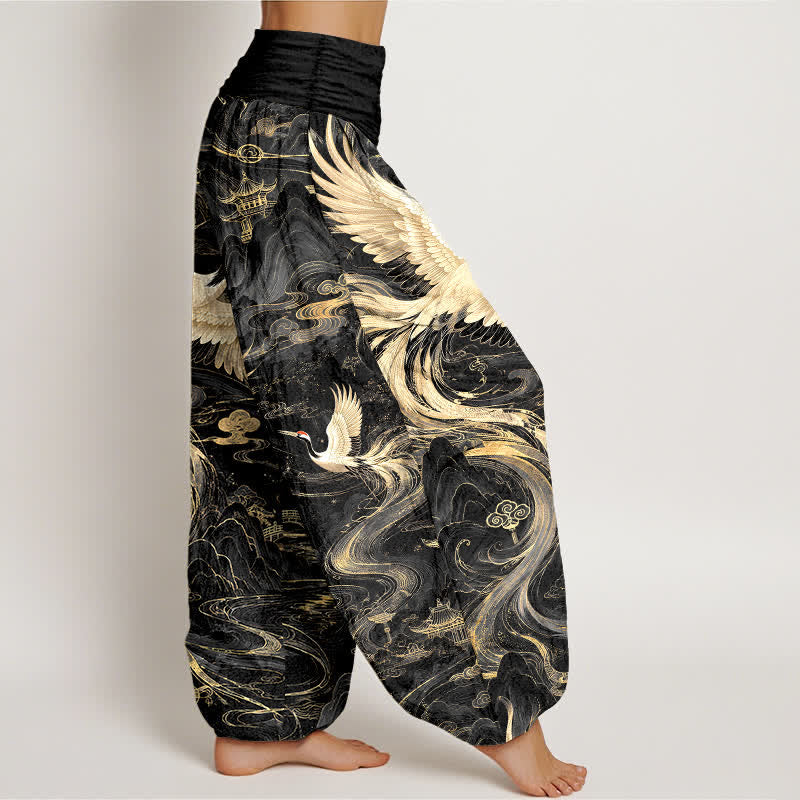 Buddha Stones Pantalones harem de algodón con estampado de grullas voladoras y olas para mujer, con cintura elástica. - image 6