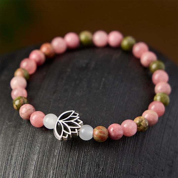 Buddha Stones Pulsera de rodonita, unakita, jade blanco, loto, amor e iluminación - image 2