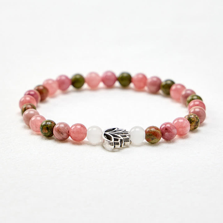 Buddha Stones Pulsera de rodonita, unakita, jade blanco, loto, amor e iluminación - image 3