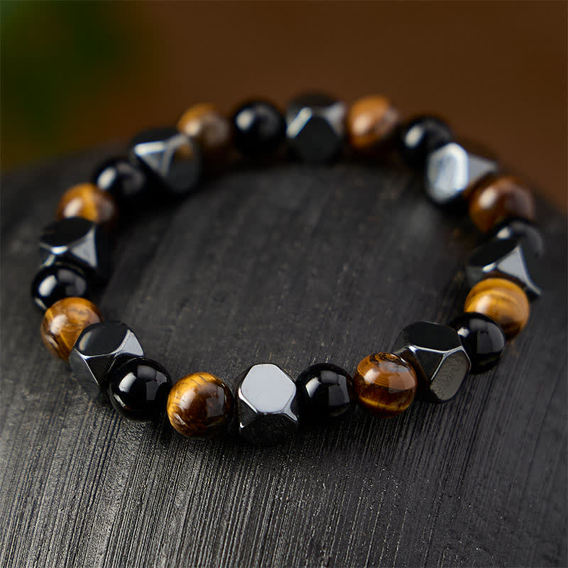 Buddha Stones Pulsera protectora facetada de hematita ojo de tigre y obsidiana negra - image 2