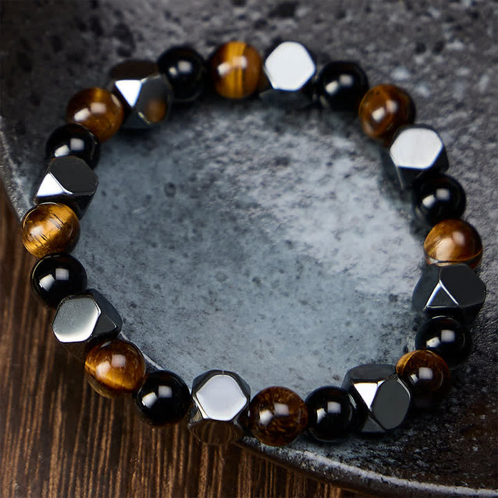 Buddha Stones Pulsera protectora facetada de hematita ojo de tigre y obsidiana negra - image 1