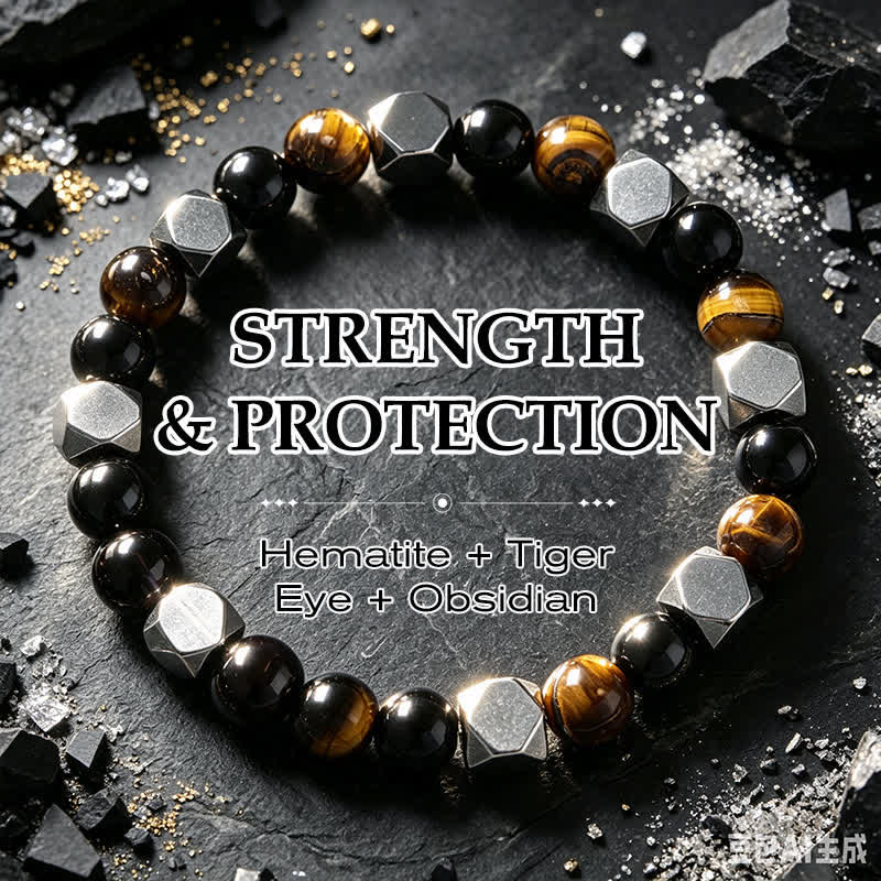 Buddha Stones Pulsera protectora facetada de hematita ojo de tigre y obsidiana negra - Hematita, obsidiana negra, ojo de tigre (circunferencia de la muñeca: 5,9-6,3 pulgadas / 15-16 cm) - image 0