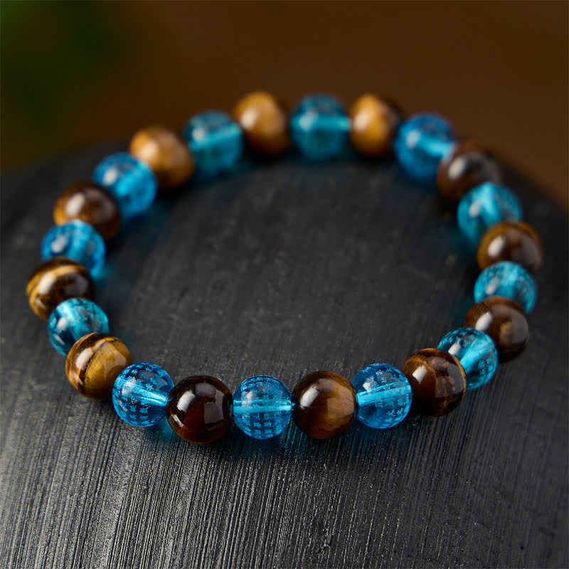 Buddha Stones Pulsera redonda de cuentas de cristal Liuli azul ojo de tigre - image 3