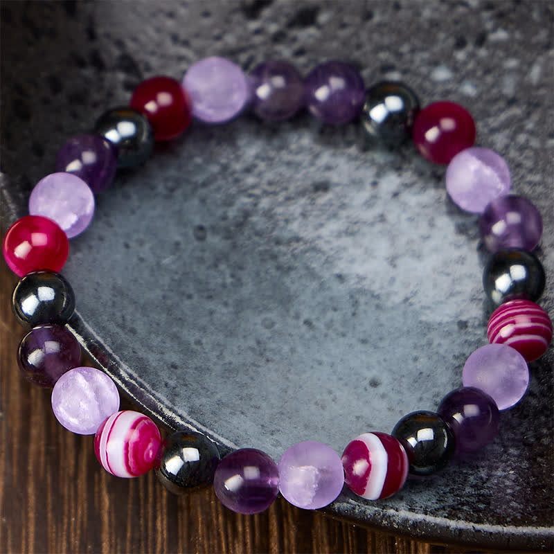 Buddha Stones Pulsera de meditación de amatista natural, ágata púrpura y hematita - image 1