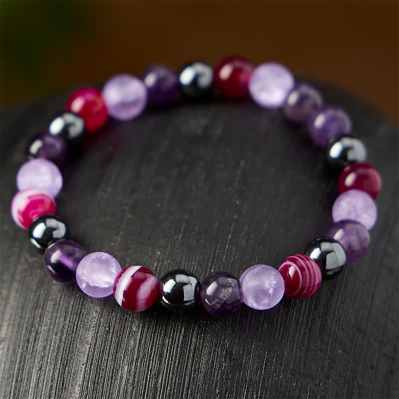 Buddha Stones Pulsera de meditación de amatista natural, ágata púrpura y hematita - image 2