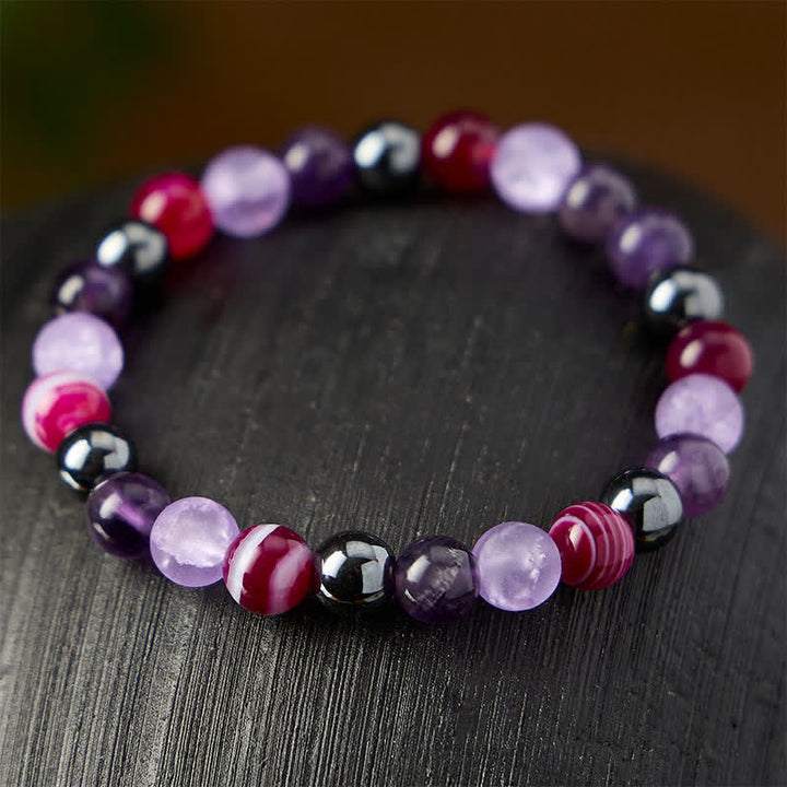 Buddha Stones Pulsera de meditación de amatista natural, ágata púrpura y hematita - image 2