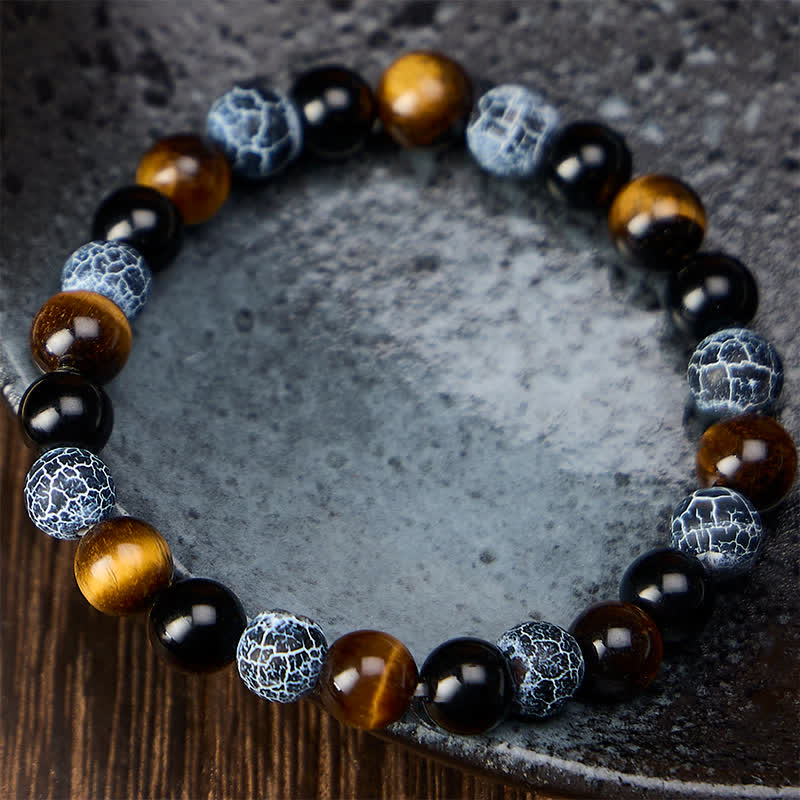 Buddha Stones Pulsera de cuentas de purificación de ágata craquelada ojo de tigre y obsidiana negra - image 1
