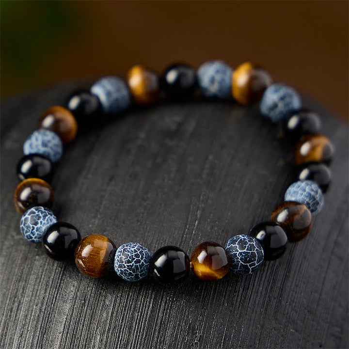 Buddha Stones Pulsera de cuentas de purificación de ágata craquelada ojo de tigre y obsidiana negra - image 2