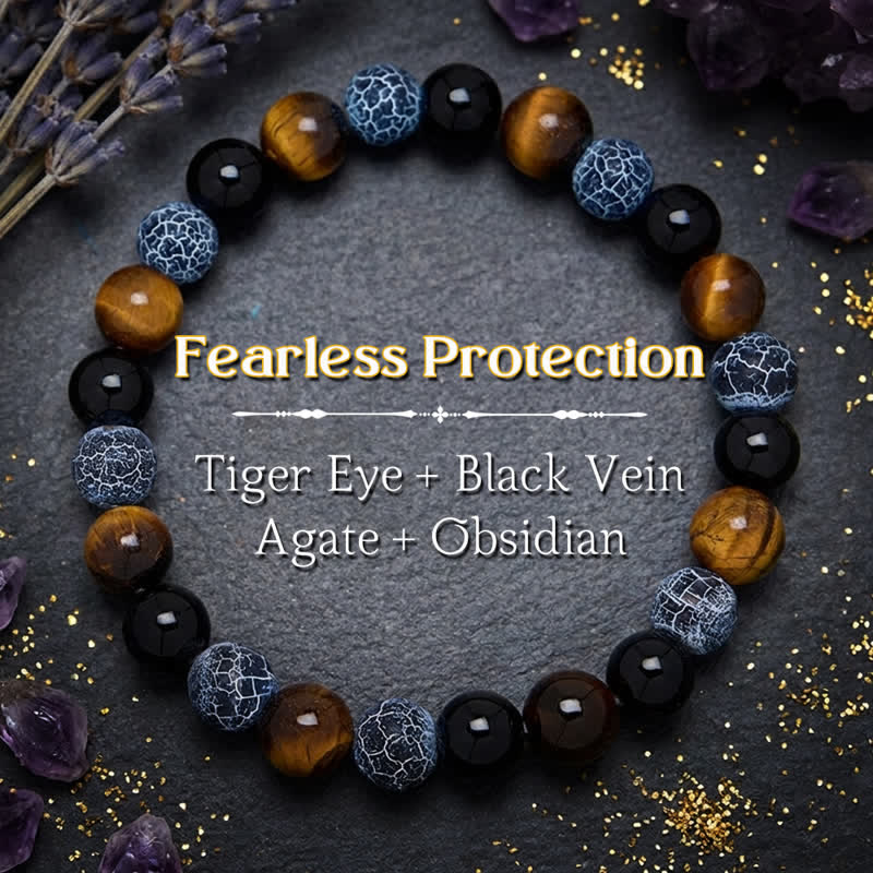 Buddha Stones Pulsera de cuentas de purificación de ágata craquelada ojo de tigre y obsidiana negra - Obsidiana negra (Purificación ♥ Transformación) - image 0