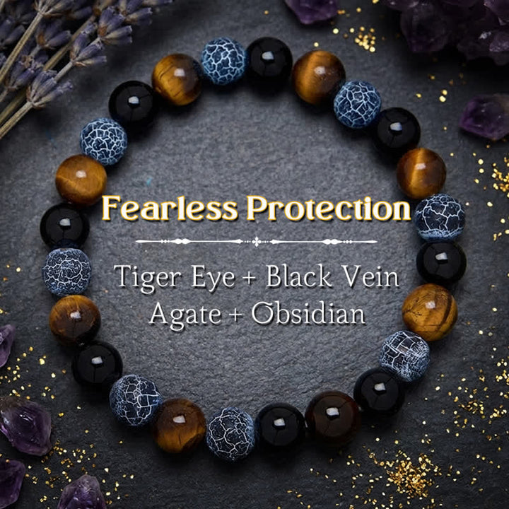 Buddha Stones Pulsera de cuentas de purificación de ágata craquelada ojo de tigre y obsidiana negra - Obsidiana negra (Purificación ♥ Transformación) - image 0