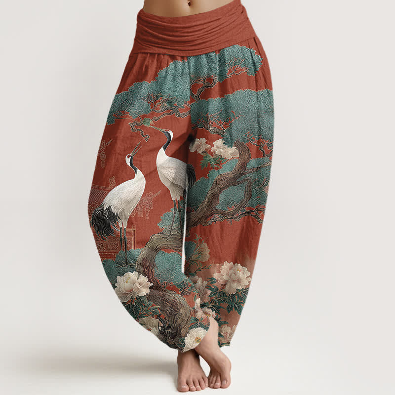 Buddha Stones Pantalones harem de mujer con cintura elástica y estampado de grullas de algodón. - Azul aciano - US16，UK/AU20，EU48 (3XL) - image 8