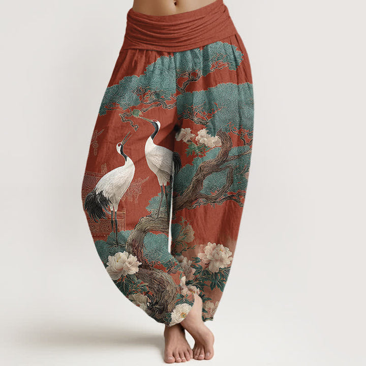 Buddha Stones Pantalones harem de mujer con cintura elástica y estampado de grullas de algodón. - Azul aciano - US16，UK/AU20，EU48 (3XL) - image 8