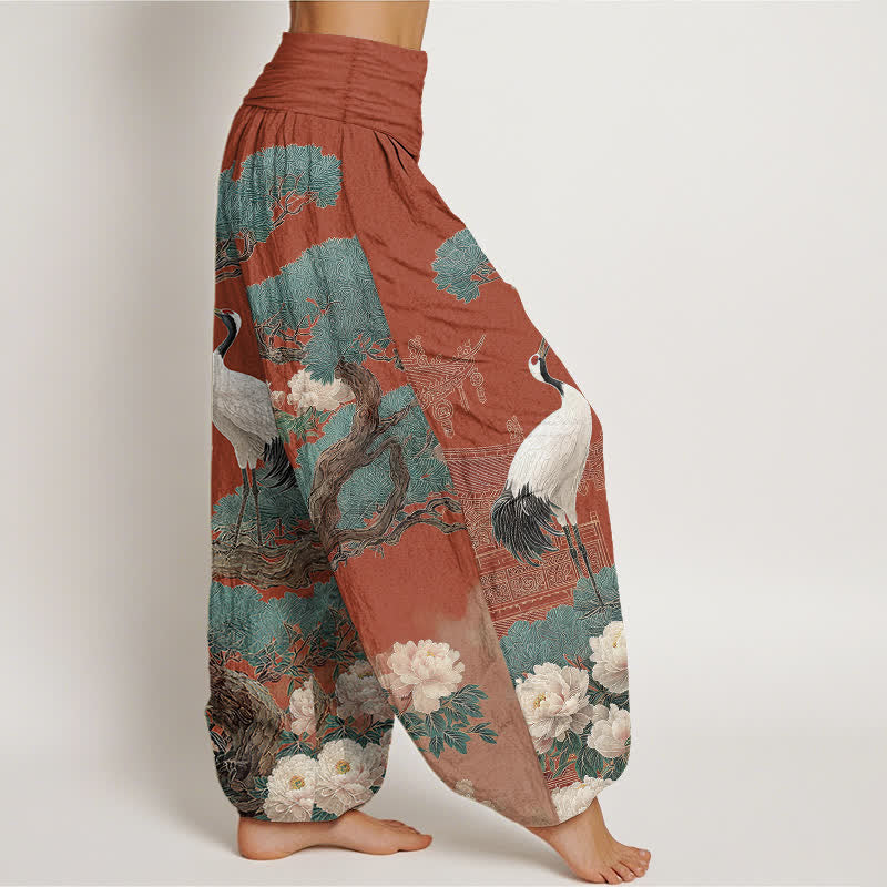 Buddha Stones Pantalones harem de mujer con cintura elástica y estampado de grullas de algodón. - image 9