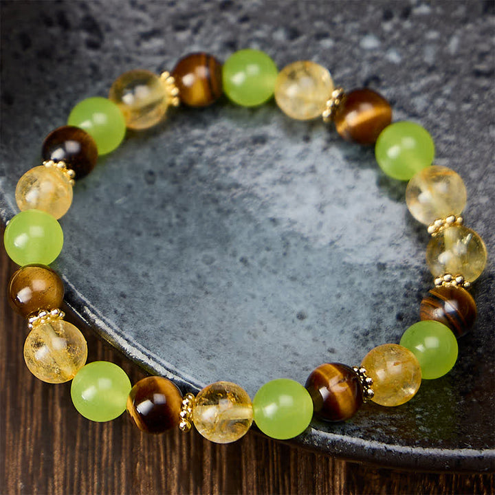 Buddha Stones Pulsera de la prosperidad con citrino natural, ojo de tigre y jade verde. - image 2