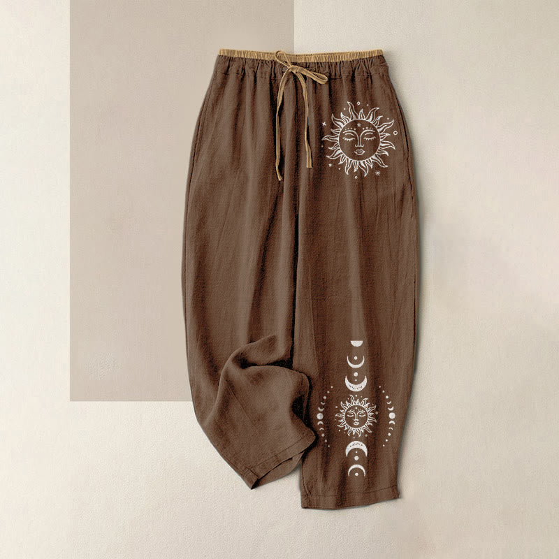 Buddha Stones Pantalones de mujer de algodón puro con estampado de sol, luna y estrellas, cintura elástica y bolsillos. - Marrón silla de montar - US16，UK/AU20，EU48 (3XL) - image 6