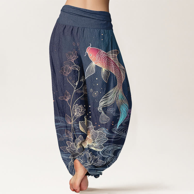 Buddha Stones Pantalones harén de algodón puro con cintura elástica para mujer con estampado de pez loto - image 1
