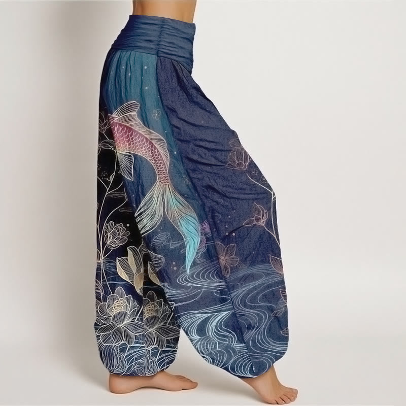 Buddha Stones Pantalones harén de algodón puro con cintura elástica para mujer con estampado de pez loto - image 2