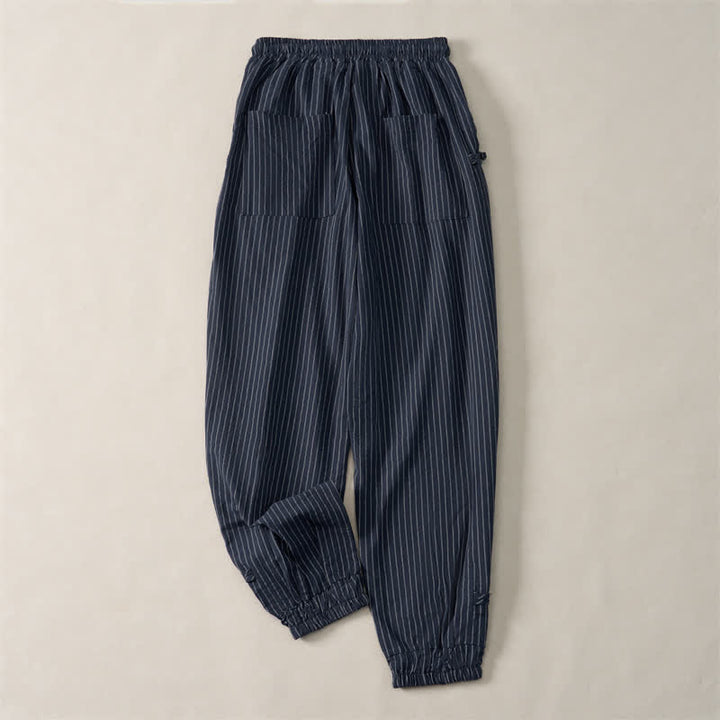 Buddha Stones Pantalones cortos básicos de manga larga a rayas con cordón ajustable para hombre, estilo primavera-verano, corte ajustado y con bolsillos. - image 1