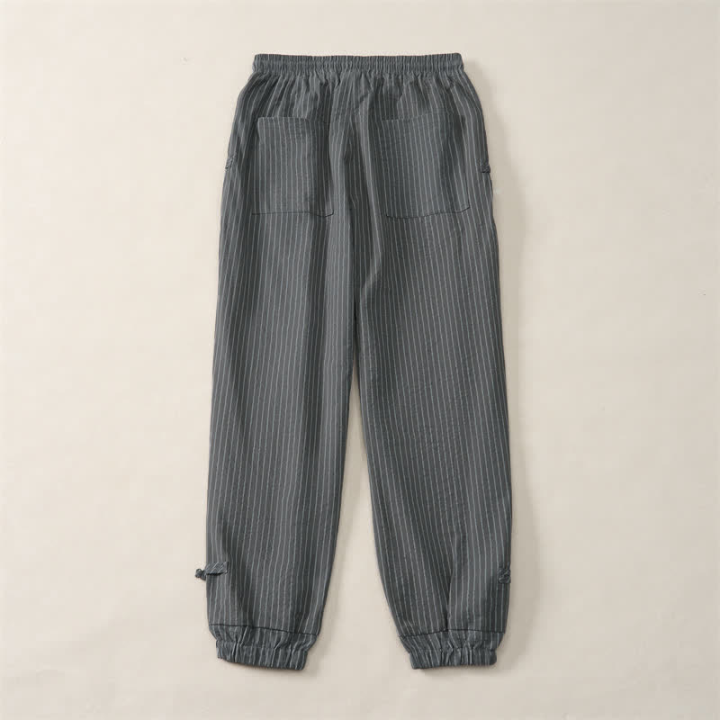 Buddha Stones Pantalones cortos básicos de manga larga a rayas con cordón ajustable para hombre, estilo primavera-verano, corte ajustado y con bolsillos. - image 9