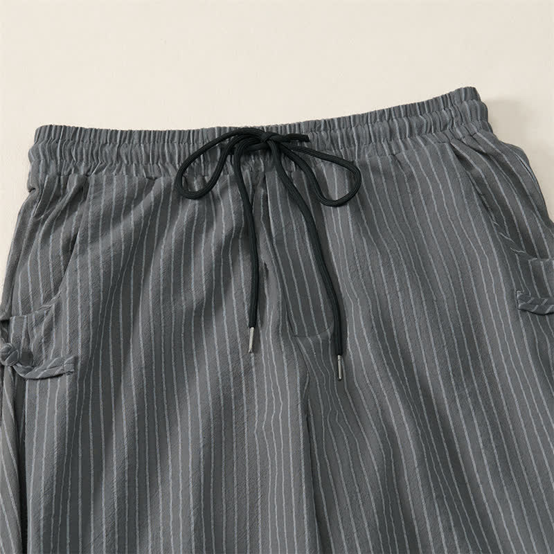 Buddha Stones Pantalones cortos básicos de manga larga a rayas con cordón ajustable para hombre, estilo primavera-verano, corte ajustado y con bolsillos. - image 10