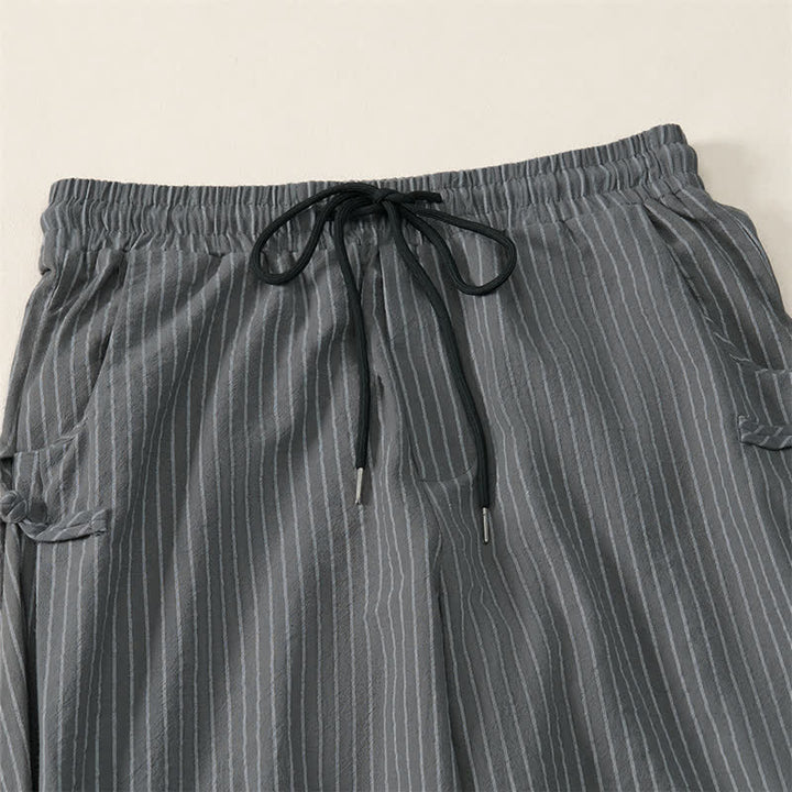 Buddha Stones Pantalones cortos básicos de manga larga a rayas con cordón ajustable para hombre, estilo primavera-verano, corte ajustado y con bolsillos. - image 10