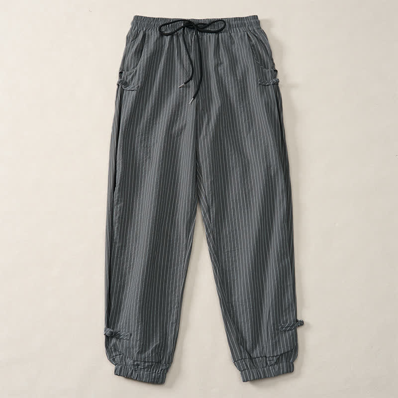 Buddha Stones Pantalones cortos básicos de manga larga a rayas con cordón ajustable para hombre, estilo primavera-verano, corte ajustado y con bolsillos. - Gris oscuro - US/UK/AU46, EU56 (5XL) - image 8
