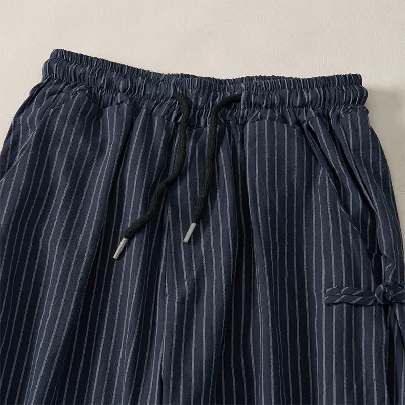 Buddha Stones Pantalones cortos básicos de manga larga a rayas con cordón ajustable para hombre, estilo primavera-verano, corte ajustado y con bolsillos. - image 3