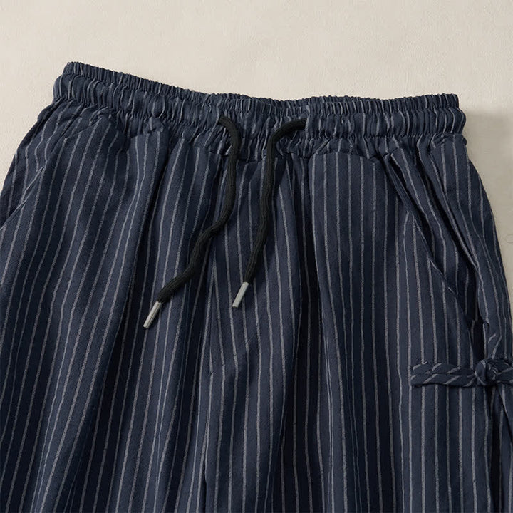 Buddha Stones Pantalones cortos básicos de manga larga a rayas con cordón ajustable para hombre, estilo primavera-verano, corte ajustado y con bolsillos. - image 3