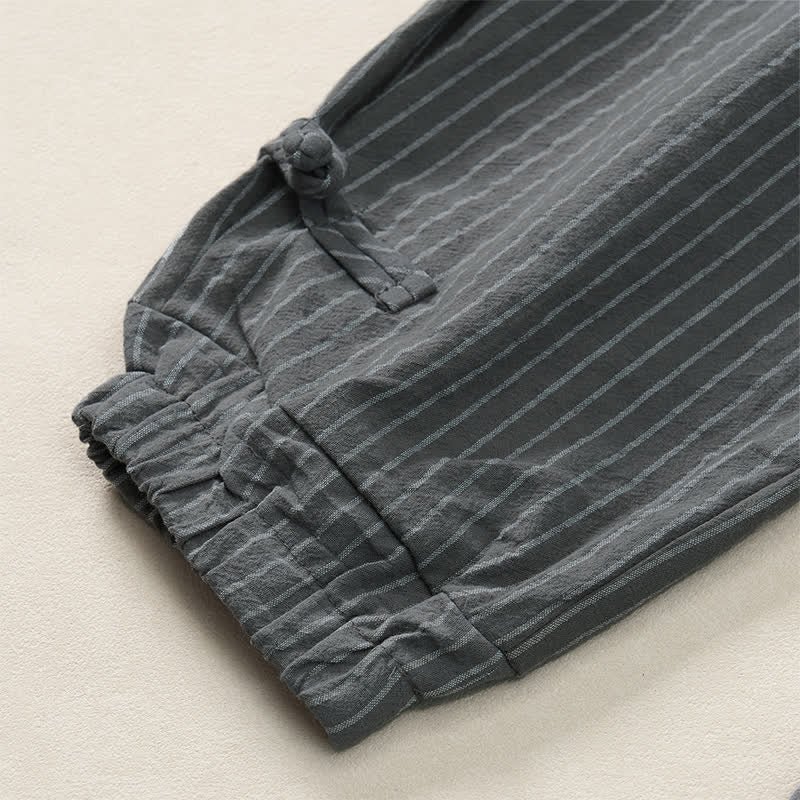 Buddha Stones Pantalones cortos básicos de manga larga a rayas con cordón ajustable para hombre, estilo primavera-verano, corte ajustado y con bolsillos. - image 14
