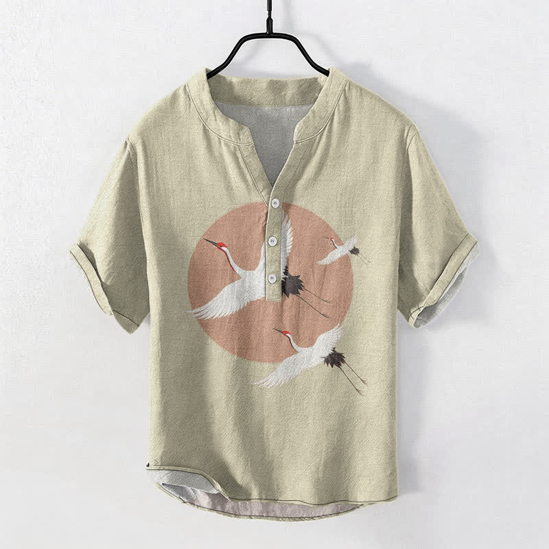 Buddha Stones Camisa de manga corta con medio botón para hombre, de algodón rojo con estampado de grullas. - Beige - US/UK/AU50, EU60 (5XL) - image 7
