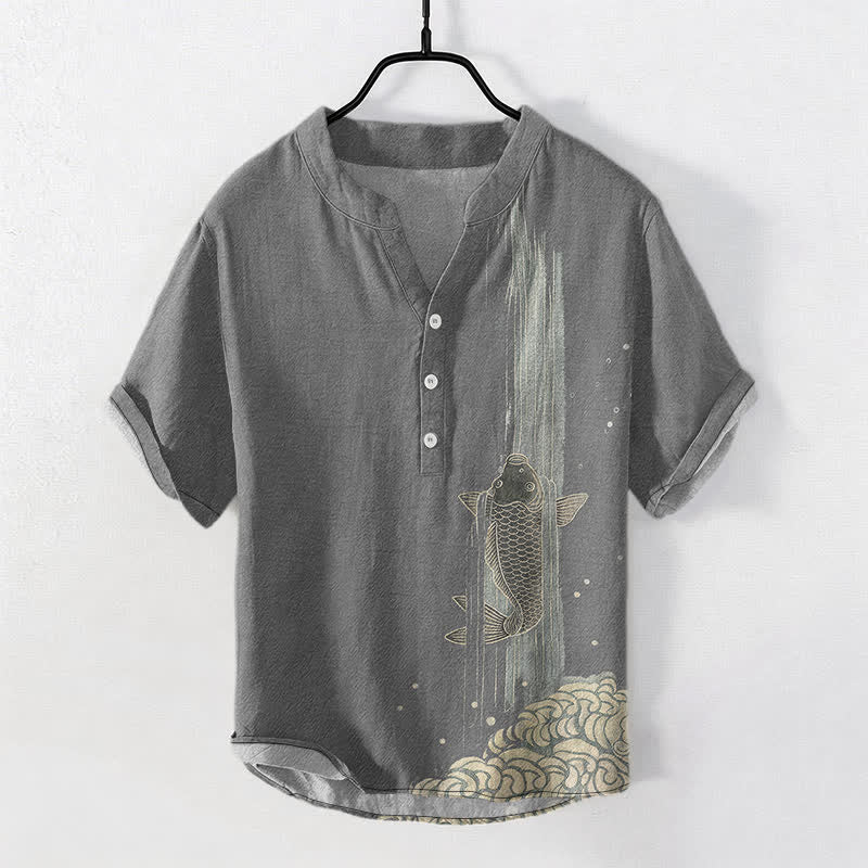 Buddha Stones Camisa de manga corta con medio botón para hombre, de algodón, con estampado de ondas de agua y peces koi. - Gris - US/UK/AU50, EU60 (5XL) - image 5