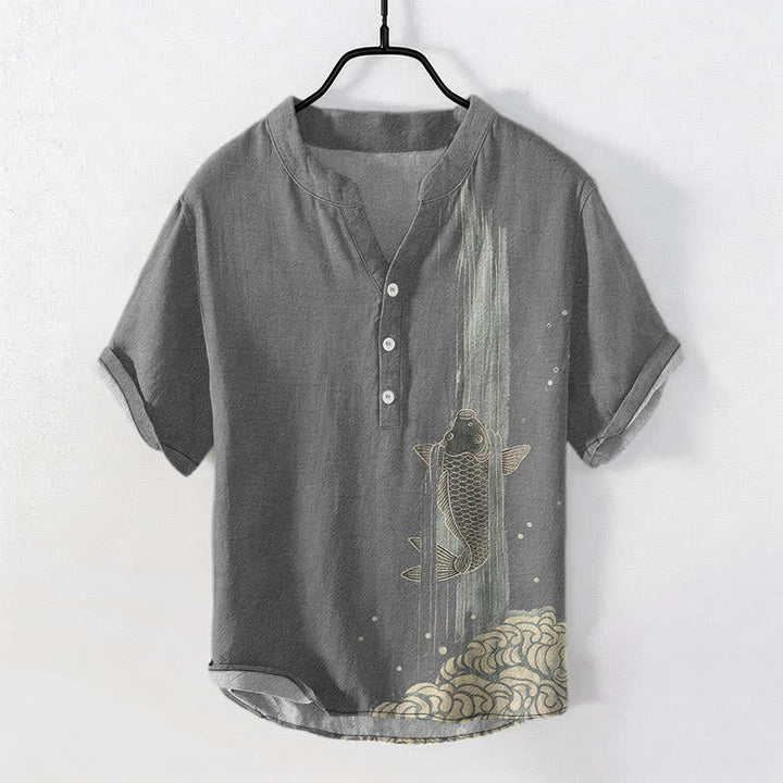 Buddha Stones Camisa de manga corta con medio botón para hombre, de algodón, con estampado de ondas de agua y peces koi. - Gris - US/UK/AU50, EU60 (5XL) - image 5