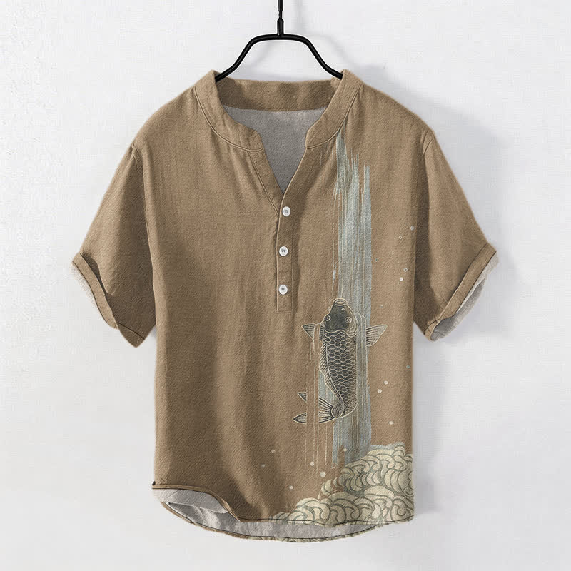Buddha Stones Camisa de manga corta con medio botón para hombre, de algodón, con estampado de ondas de agua y peces koi. - Broncearse - US/UK/AU50, EU60 (5XL) - image 10