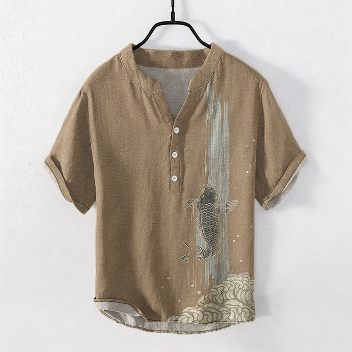 Buddha Stones Camisa de manga corta con medio botón para hombre, de algodón, con estampado de ondas de agua y peces koi. - Broncearse - US/UK/AU50, EU60 (5XL) - image 10