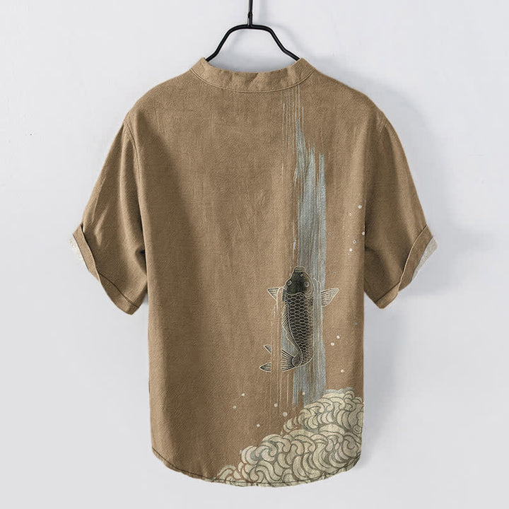 Buddha Stones Camisa de manga corta con medio botón para hombre, de algodón, con estampado de ondas de agua y peces koi. - image 11