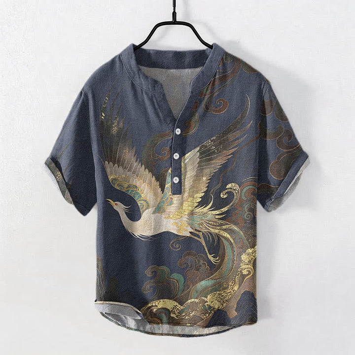 Buddha Stones Camisa de manga corta con medio botón para hombre, de algodón con estampado de grulla dorada y olas. - Marina de guerra - US/UK/AU50, EU60 (5XL) - image 0