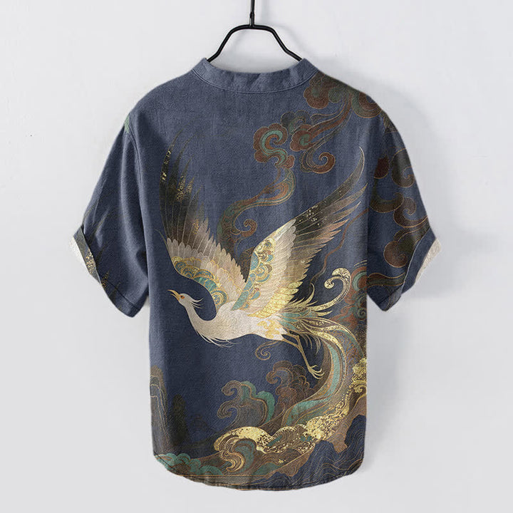 Buddha Stones Camisa de manga corta con medio botón para hombre, de algodón con estampado de grulla dorada y olas. - image 1