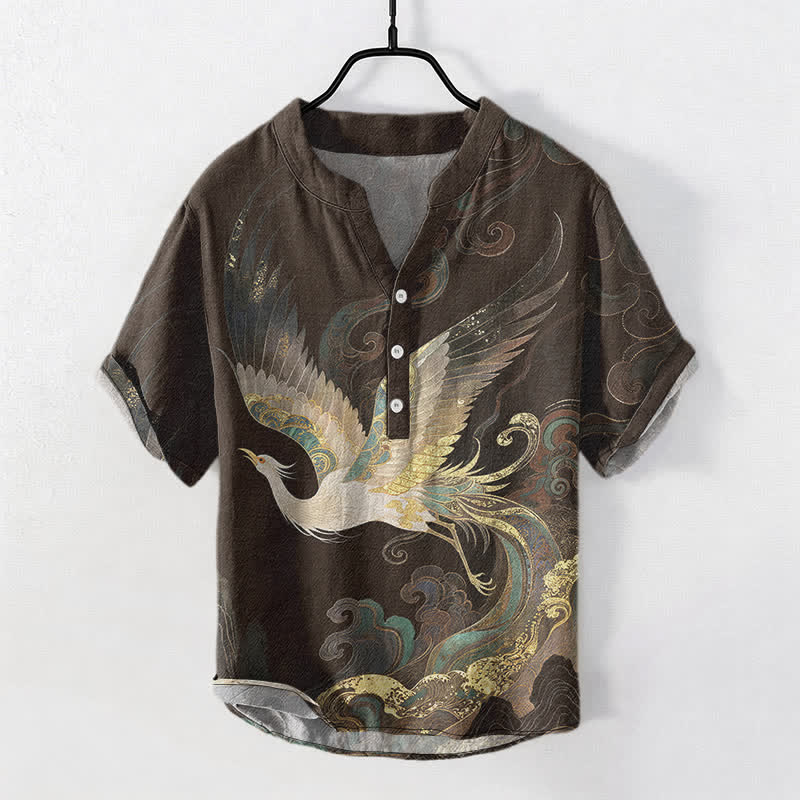 Buddha Stones Camisa de manga corta con medio botón para hombre, de algodón con estampado de grulla dorada y olas. - Marrón silla de montar - US/UK/AU50, EU60 (5XL) - image 5