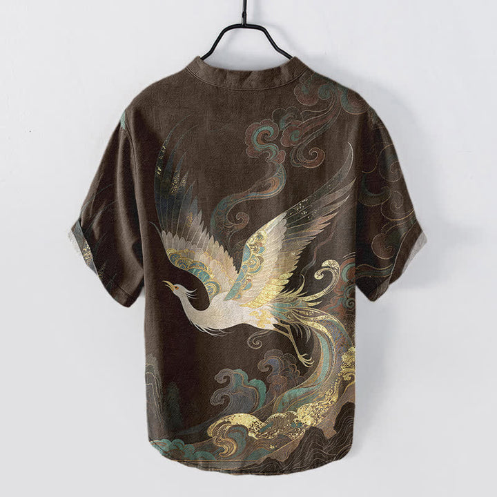 Buddha Stones Camisa de manga corta con medio botón para hombre, de algodón con estampado de grulla dorada y olas. - image 6