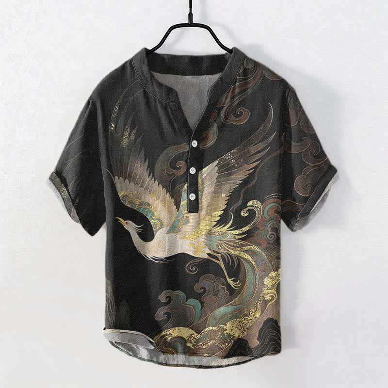 Buddha Stones Camisa de manga corta con medio botón para hombre, de algodón con estampado de grulla dorada y olas. - Negro - US/UK/AU50, EU60 (5XL) - image 7