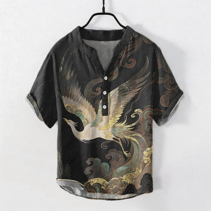 Buddha Stones Camisa de manga corta con medio botón para hombre, de algodón con estampado de grulla dorada y olas. - Negro - US/UK/AU50, EU60 (5XL) - image 7
