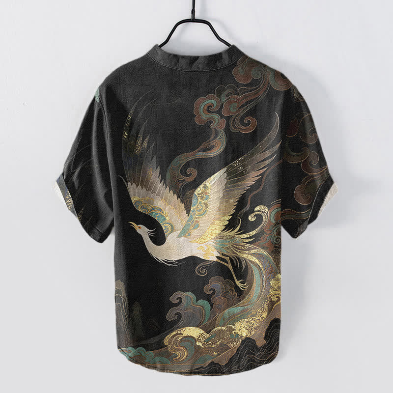 Buddha Stones Camisa de manga corta con medio botón para hombre, de algodón con estampado de grulla dorada y olas. - image 8