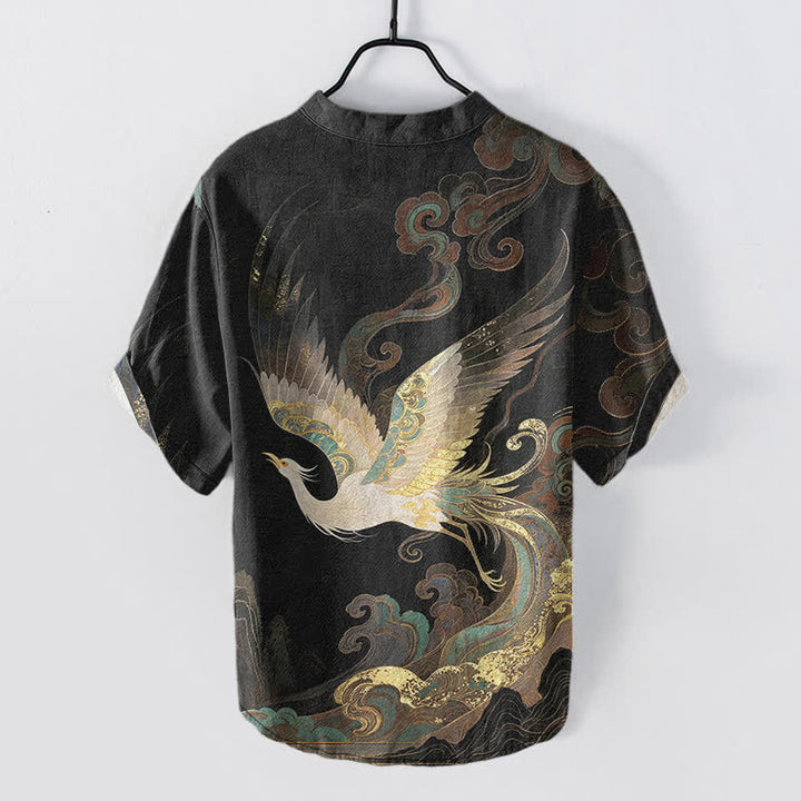 Buddha Stones Camisa de manga corta con medio botón para hombre, de algodón con estampado de grulla dorada y olas. - image 8