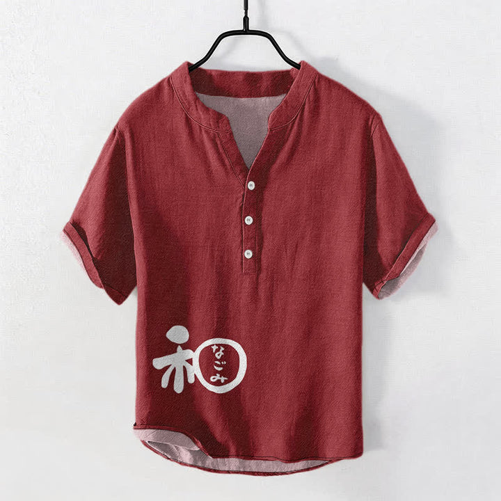 Buddha Stones Camisa de manga corta con medio botón para hombre, modelo Cotton Wa Crest Script Pattern - Granate - US/UK/AU50, EU60 (5XL) - image 0
